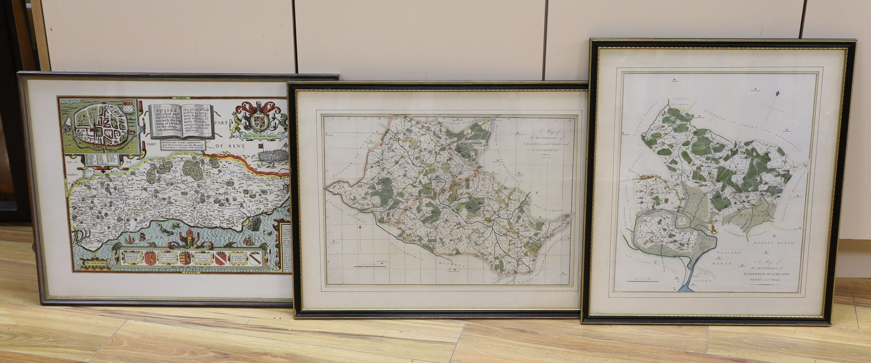 Two 19th century hand coloured steel engraved maps, The Hundreds of Tenterden, Blackborne, Oxney and Ham, and The Hundreds of Cale Hill and Chart and Longbridge, largest 46 x 38cm, with a reprinted map of Sussex